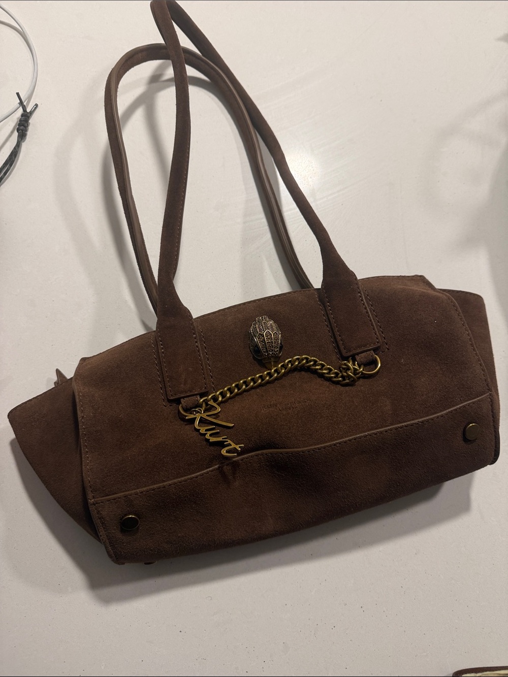 Kurt Geiger Brown Suede Shoulder Bag with Brass Chain Charm